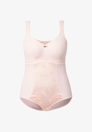 Body gainant rose clair avec bonnets rembourrés, larges bretelles, petit nœud orné d'un charm au centre, et panneau avant en dentelle à motif cachemire.