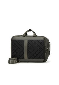 Zwarte tas met een getextureerd geometrisch ontwerp, grijze accenten, dubbele handgrepen, verstelbare schouderband en ritssluiting. Gemaakt van duurzaam materiaal.