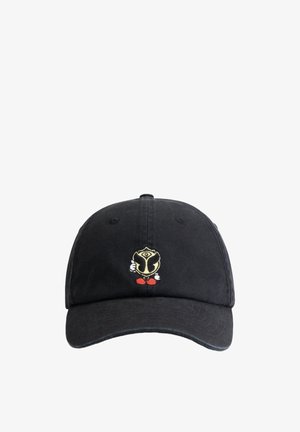 Black cotton baseball cap featuring a small embroidered design of a character holding a shield with yellow and red accents on the front.