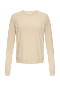 Beige neulottu pusero pitkillä hihoilla, pyöreällä pääntiellä ja resorilla varustetulla helmalla. Kangas näyttää pehmeältä ja kevyeltä, sileällä tekstuurilla.