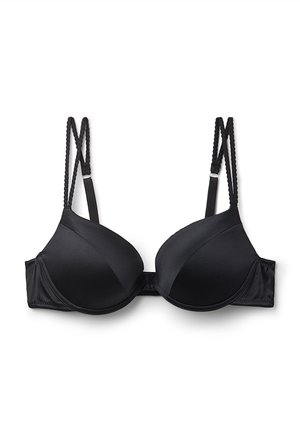 Soutien-gorge noir rembourré avec des bonnets moulés, des bretelles tressées réglables et une texture satin lisse. Il dispose d'une fermeture avec agrafe à l'arrière.