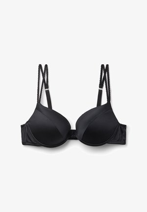 Zwarte gewatteerde beha met voorgevormde cups, verstelbare gevlochten bandjes en een gladde satijnen textuur. Beschikt over een haak-en-oogsluiting aan de achterkant.
