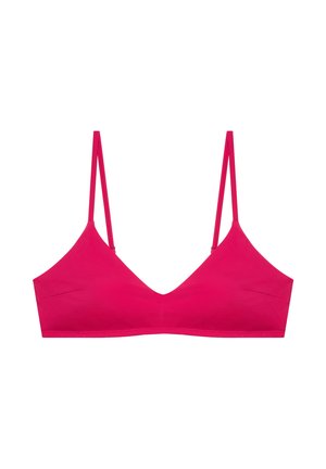 Bright pink bra with thin double shoulder straps and a simple, smooth design, displayed on a white background.