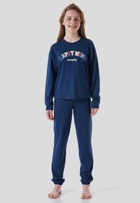 Navy blue cotton pajama set featuring a long-sleeve top with "HAPPY MIND" printed in colorful text and matching elastic-ankle pants.