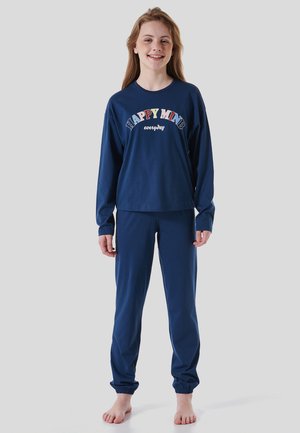 Navyblaue Baumwoll-Pyjama-Set mit einem langärmeligen Oberteil, auf dem "HAPPY MIND" in bunten Buchstaben gedruckt ist, und passenden elastischen Ankle-Pants.