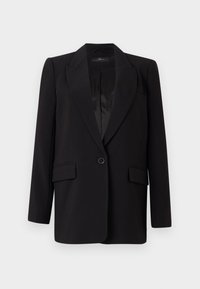 Musta bleiseri satiinivuorella, yksittäisellä napilla kiinnitys, terävät kaulukset ja kaksi etu-taskua. Klassinen räätälöity muotoilu.