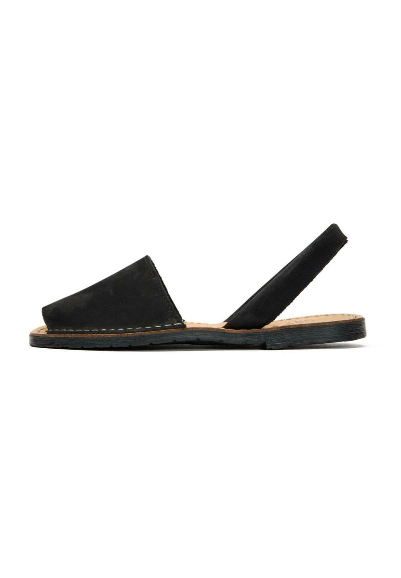 Black leather slingback sandal with a cushioned insole, open toe design, and a flat sole. Features minimal stitching along the edges.