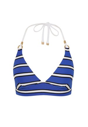 Haut de bikini bleu texturé avec des rayures horizontales blanches et noires, bonnets triangulaires et liens blancs à nouer autour du cou avec des accents dorés.