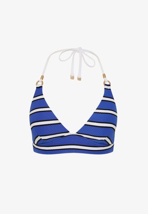 Blauw gestructureerde bikinitop met horizontale witte en zwarte strepen, driehoekige cups en witte halternekbandjes met gouden accenten.