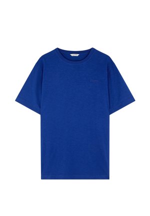 Camiseta de trabajo azul de manga corta con cuello redondo y el discreto logo "Scalpers" en el lado izquierdo del pecho, con un dobladillo recto estándar.