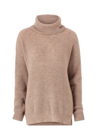 Lysebrun rullekrave sweater med ribbet tekstur, lange ærmer og en afslappet pasform med slidser i kanten.