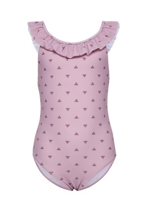 Roze badpak met een gerimpelde halslijn en kleine decoratieve patronen. Gemaakt van gladde stof, met een aansluitend ontwerp en beenopeningen.