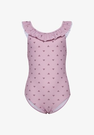 Pink badedragt med flæsekrave og små dekorative mønstre. Fremstillet af glat stof, med tætsiddende pasform og benåbninger.