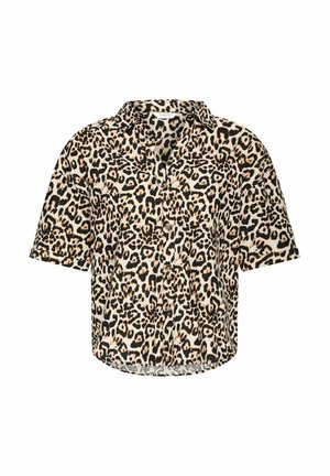 Camicia a maniche corte realizzata in tessuto leggero, con uno sfondo beige e stampa leopardata nera e marrone, dotata di chiusura frontale con bottoni.