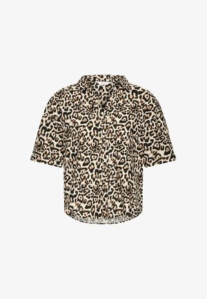 Kurzärmliges Hemd aus leichtem Stoff, mit beigem Hintergrund und schwarzem sowie braunem Leopardenmuster und durchgehender Knopfleiste.