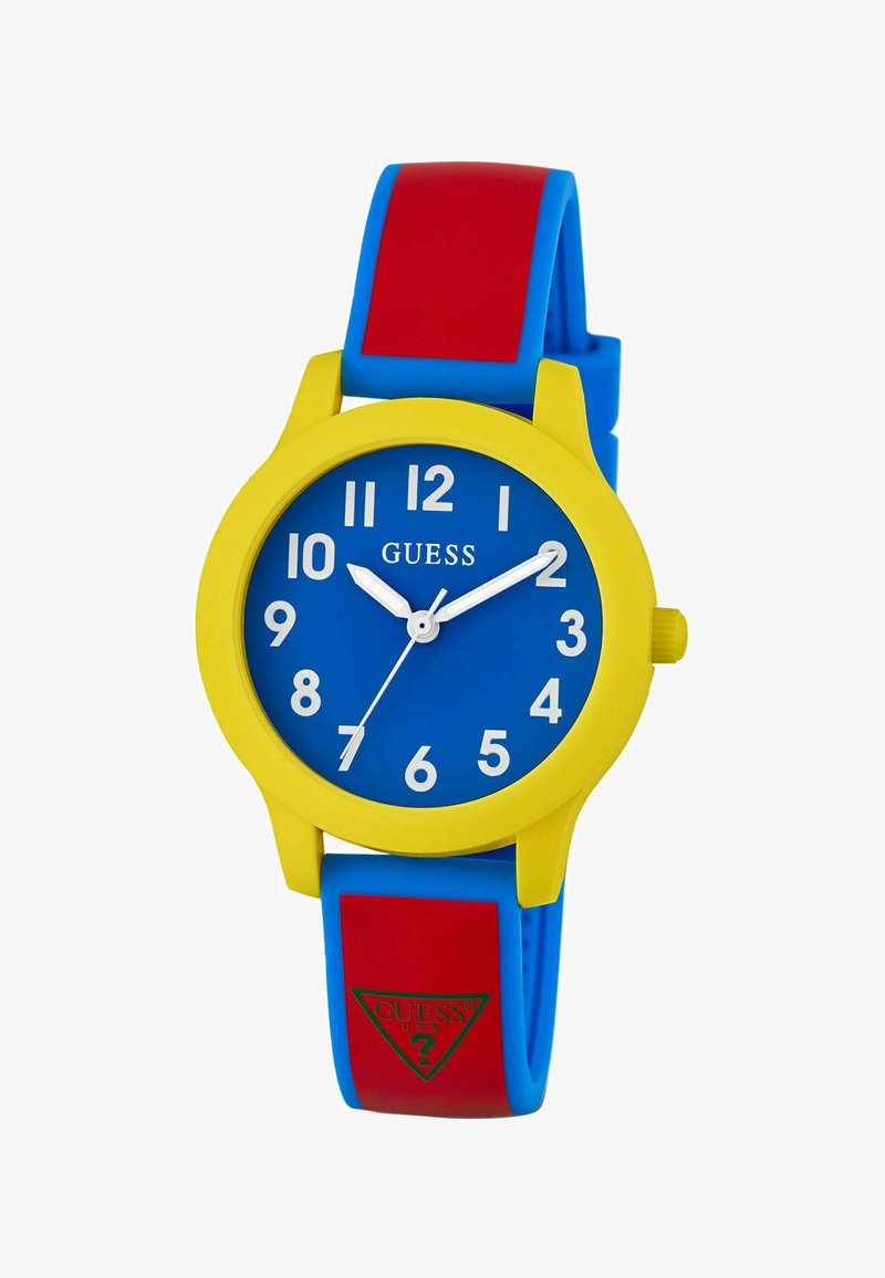Colorful silicone watch with a blue face, yellow bezel, and white numbers. Features a blue and red strap with a green logo triangle.