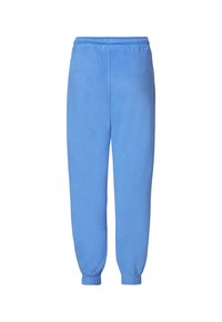 Zachte blauwe fleece sweatpants met elastische tailleband en boorden, getoond tegen een witte achtergrond, van voren weergegeven.