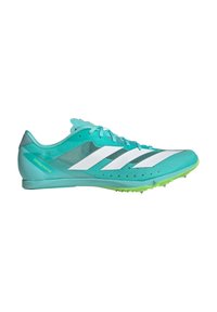 Lightweight turquoise racing shoe with a breathable mesh upper, white stripes, green outsole, and spike configuration for traction.