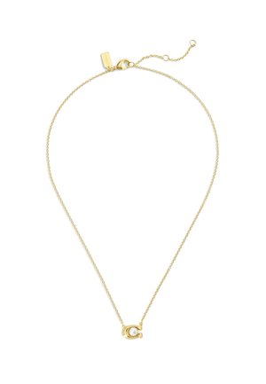 Delicate gold chain necklace with a "C" shaped pendant holding a small white pearl in the center, featuring an adjustable clasp.