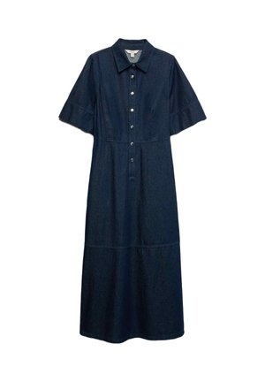Vestido midi de mezclilla azul oscuro con mangas cortas, cierre de botones en la parte delantera y cuello puntiagudo.