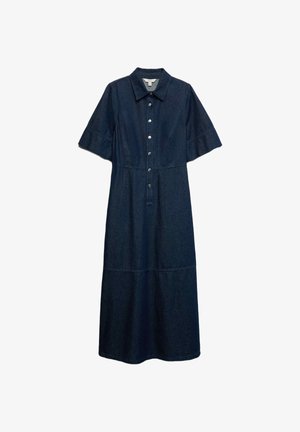 Vestido midi de mezclilla azul oscuro con mangas cortas, cierre de botones en la parte delantera y cuello puntiagudo.