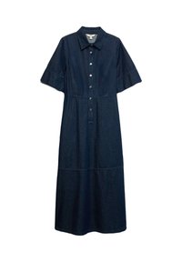 Mørkeblå denim midi kjole med korte ærmer, knaplukning foran og krave.