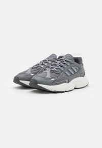 Grå atletiska sneakers med mesh-paneler, texturerade detaljer och en tjock vit sula. Snörning med logotyp på tungan och hälen.