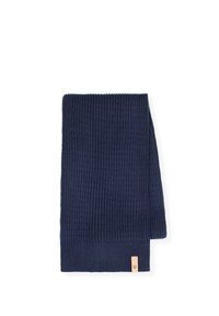 Granatowy prążkowany szalik wykonany z miękkiego materiału, z drewnianą metką z literą 'W' na jednym końcu.