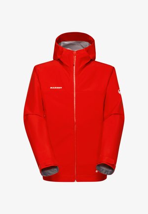 Rode waterdichte jas met een volledige rits aan de voorkant, verstelbare capuchon en grijze binnenvoering. Bevat een logo op de borst en ronde manchetten.