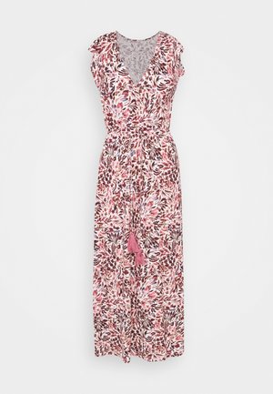 Cvećasti maxi haljina s dubokim V-izrezom, kratkim lepršavim rukavima i elastičnom strukom. Ima uzorak u ružičastoj, ljubičastoj i bijeloj boji uz detalje od resica.