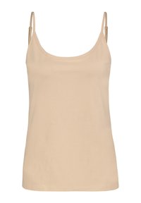 Beige tank top with narrow adjustable straps, a rounded neckline, and a smooth, soft texture. Simple design without any patterns or accents.
