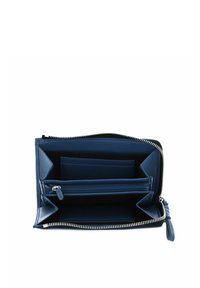 Navy blue leather wallet with a zip closure, multiple card slots, a zippered compartment, and a smooth texture. Interior is lined in the same color.