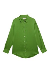 Zelená košile s dlouhým rukávem vyrobená z hladkého materiálu, s klasickým límečkem, předním zapínáním na knoflíky a manžetami na knoflíky.