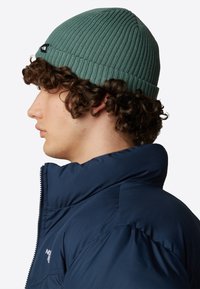 Beanie verde a maglia con texture a coste, dotato di un'etichetta con logo nera. Indossato con una giacca isolante blu scuro con colletto alto.