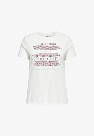 Camiseta de algodón blanca con texto impreso en rayas moradas y verdes con las frases "Inspire More", "Spread" y "The Love". Mangas cortas.