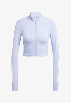 Jasnofioletowa krótka kurtka z wysokim kołnierzem, pełnym zamkiem błyskawicznym i długimi rękawami. Posiada żebrowane akcenty i białe paski na rękawach.