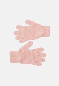 Strikkede hansker i lys rosa, med en ribbet mansjett og individuelle fingerseksjoner. Myk tekstur, jevn strikkemønster gjennom hele.