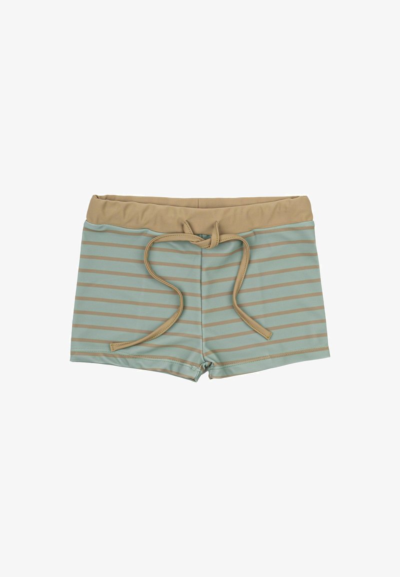 Blue and beige striped swim shorts with a drawstring waist. Made of stretchy, smooth fabric. Features a contrasting waistband and pocket detail.