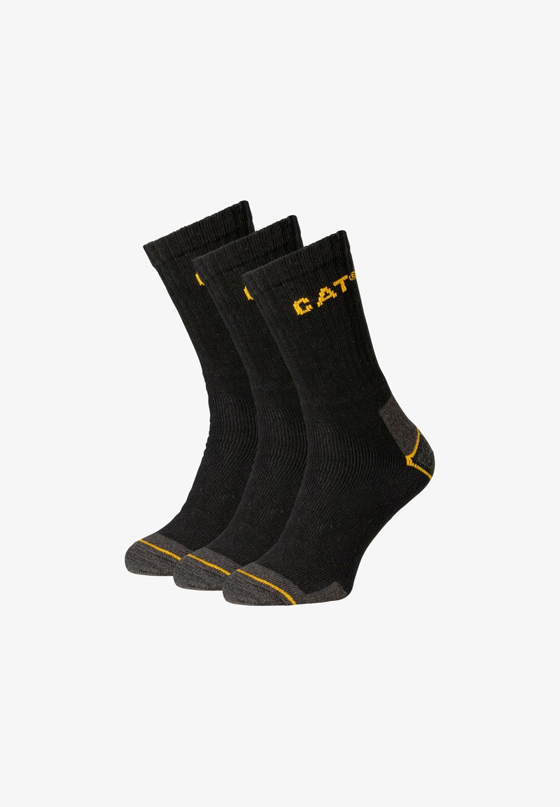 Zwarte sokken met ribbelstructuur en gele "CAT"-logo aan de bovenkant. Voorzien van versterkte grijze hak- en teenaccenten. Set van drie paar.