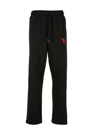 Black sweatpants with an elastic waistband and adjustable drawstring. Features a red logo accent on the left thigh. Soft material.