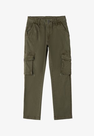 Pantalones cargo en verde oliva hechos de algodón, con dos bolsillos laterales y dos grandes bolsillos en los muslos, que presentan un cierre de botón y ligeros detalles desgastados.