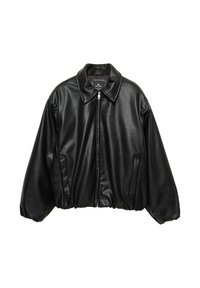 Črna usnjena pilotska jakna z teksturirano površino, ovratnikom, zadrgo in elastičnim pasom. Vsebuje stranske žepke.