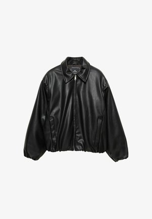Černá kožená bomber bunda s texturovaným povrchem, límečkem, zipovým uzávěrem a elastickým pasem. Obsahuje boční kapsy.