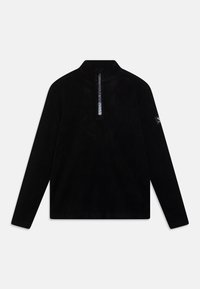 Sudadera de forro polar negra con media cremallera, mangas largas y tejido texturizado. Presenta una cremallera con un patrón y detalle de logo en la manga.