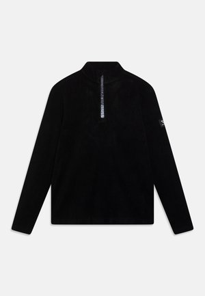 Sort fleece pullover med halv lynlås, lange ærmer og et tekstureret stof. Har en mønstret lynlås med logo-detalje på ærmet.