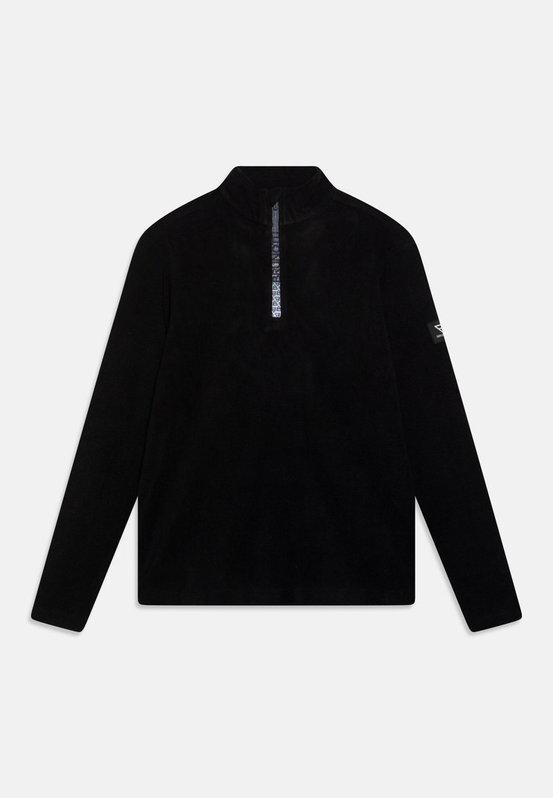 Sudadera de forro polar negra con media cremallera, mangas largas y tejido texturizado. Presenta una cremallera con un patrón y detalle de logo en la manga.