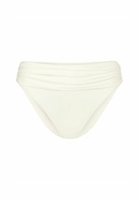 Białe majtki kąpielowe z gładkiego materiału, z marszczonymi detalami wzdłuż pasa i klasycznym krojem majtek, zapewniającym wygodę i zakrycie.