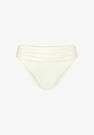 Białe majtki kąpielowe z gładkiego materiału, z marszczonymi detalami wzdłuż pasa i klasycznym krojem majtek, zapewniającym wygodę i zakrycie.