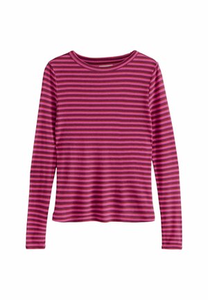 Chemise à manches longues rayée avec des rayures horizontales rose et rose foncé, col rond et une texture de tissu douce.