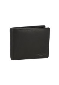 Portefeuille en cuir noir à deux volets avec un logo de marque subtilement embossé dans le coin inférieur droit, présenté fermé sur fond blanc.